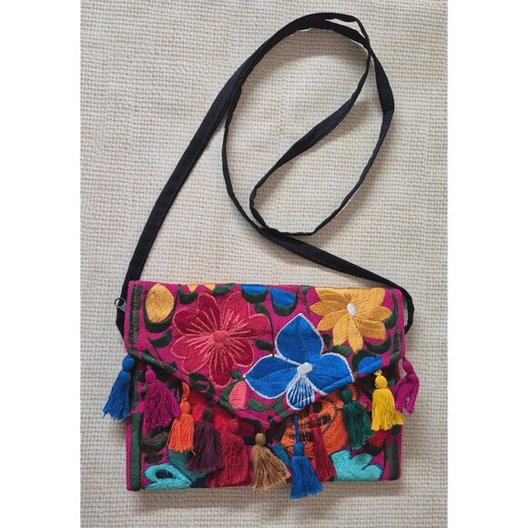 NWOT Mexican Embroidered Crossbody Envelope Purse Multicolor Floral Tassels - Picture 7 of 11